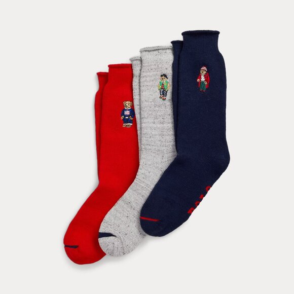 NEW Polo by Ralph Lauren Set of 3 Embroidered Bear Roll Top Men's Socks Gift Box - Picture 2 of 6